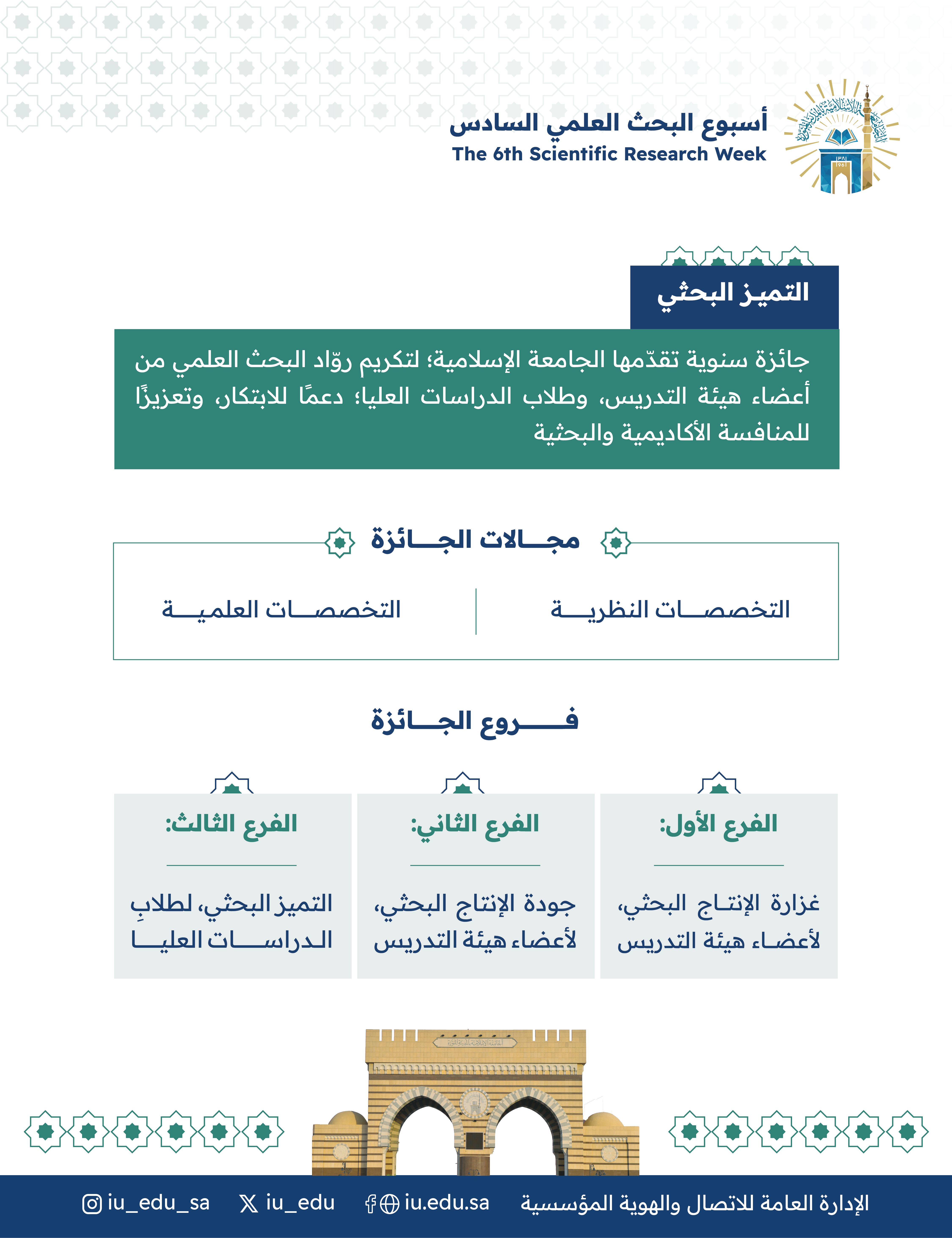 يسر الجامعة الإسلامية الإعلان عن جائزة التميز البحثي، والتي تهدف إلى تحفيز الإبداع، وإذكاء التنافس بين الباحثين، ودعم الابتكار، وتعزيز المخرجات العلمية المميزة.