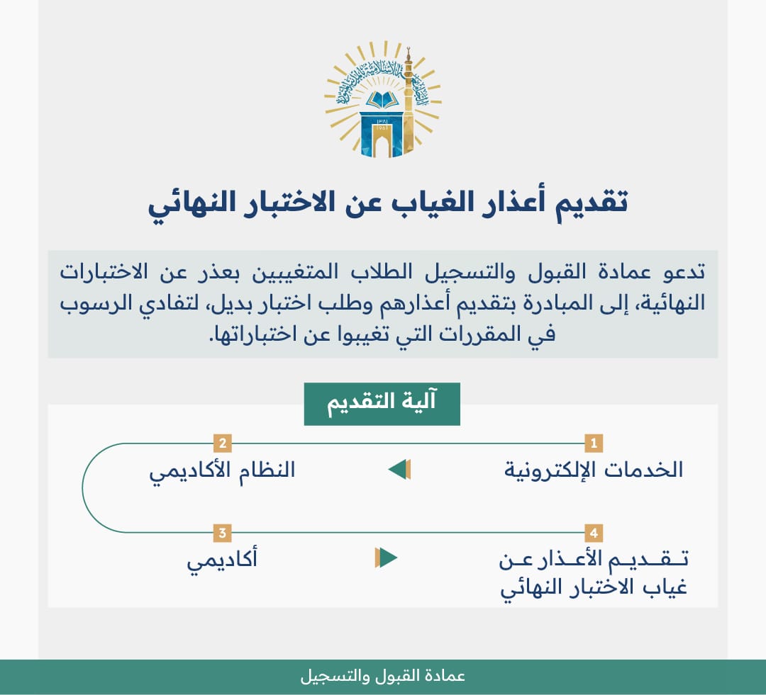 دعوة لجميع الطلاب المتغيبين بعذر عن الاختبارات النهائية، إلى المبادرة بتقديم أعذارهم وطلب اختبار بديل