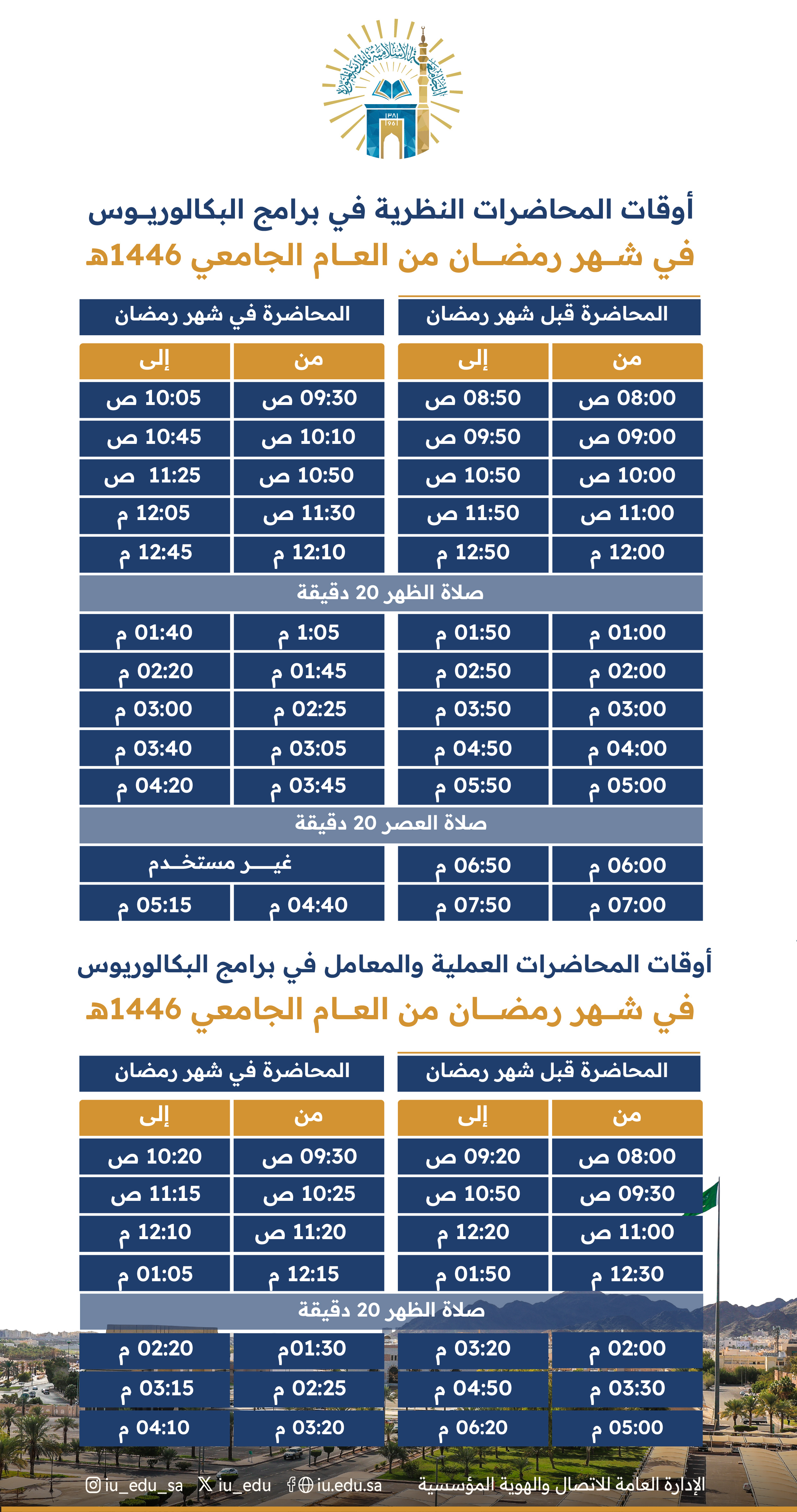 أوقات المحاضرات النظرية والعلمية والمعامل في برامج البكالوريوس (الانتظام) في شهر رمضان المبارك من العام 1446هـ. 