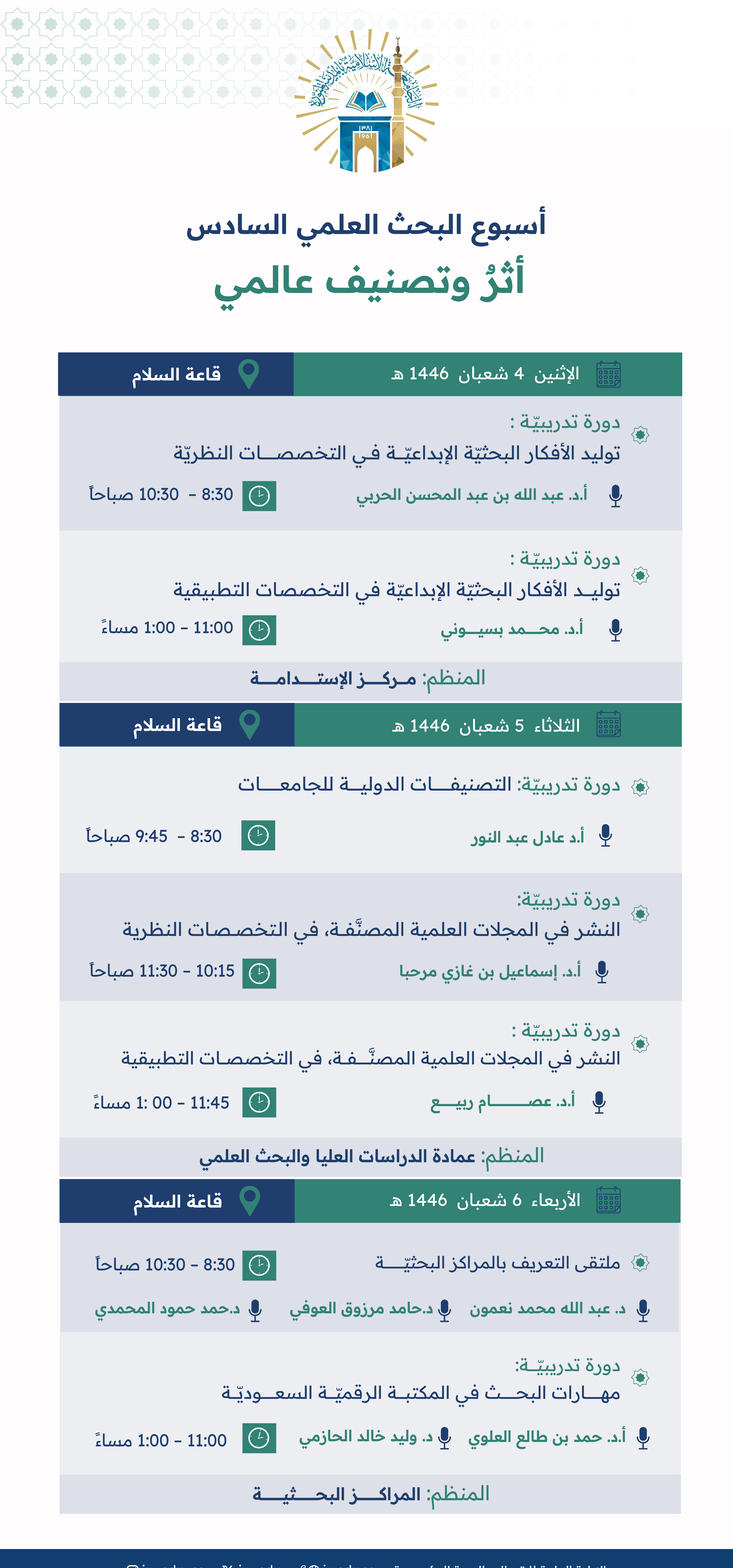 تقدّم الجامعة الإسلامية خلال أسبوع البحث العلمي السادس، العديد من الفعاليات والدورات التدريبية التي تهدف إلى دعم الأولويات البحثية. 