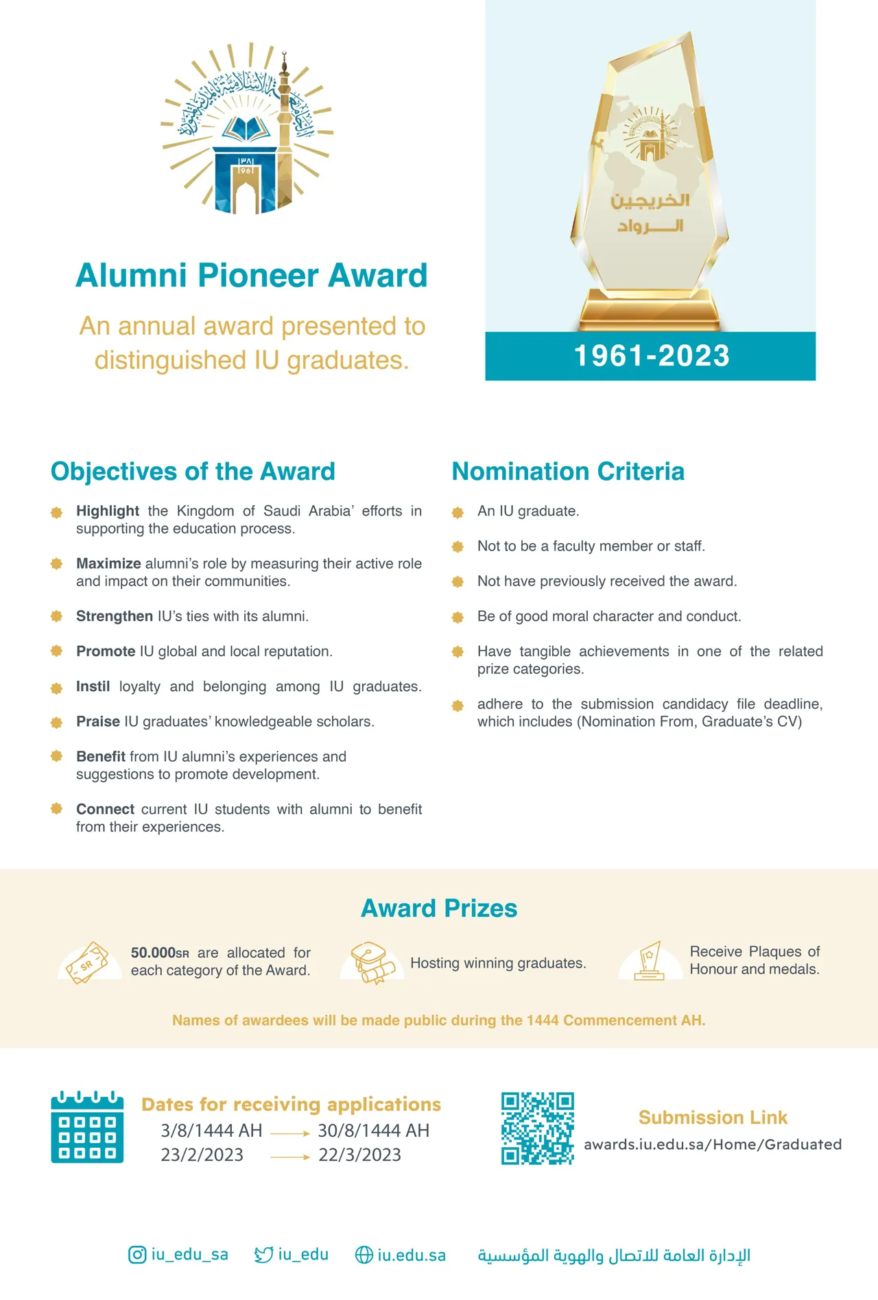 The Islamic University of Medinah announces the second season of the Pioneer Alumni Award