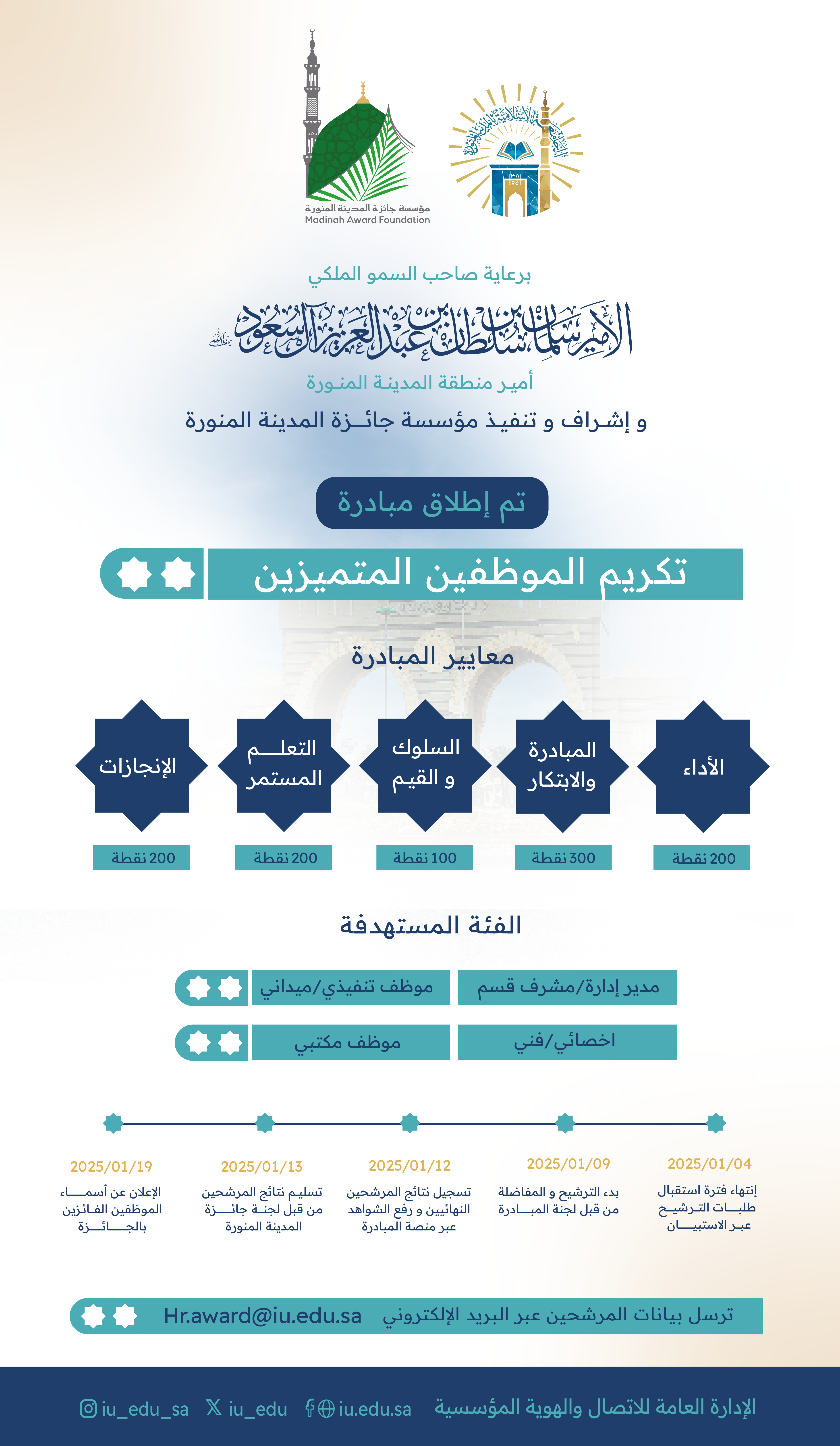 برعاية صاحب السمو الملكي الأمير سلمان بن سلطان بن عبدالعزيز آل سعود، أمير منطقة المدينة المنورة، تم إطلاق مبادرة تكريم الموظفين المتميزين.