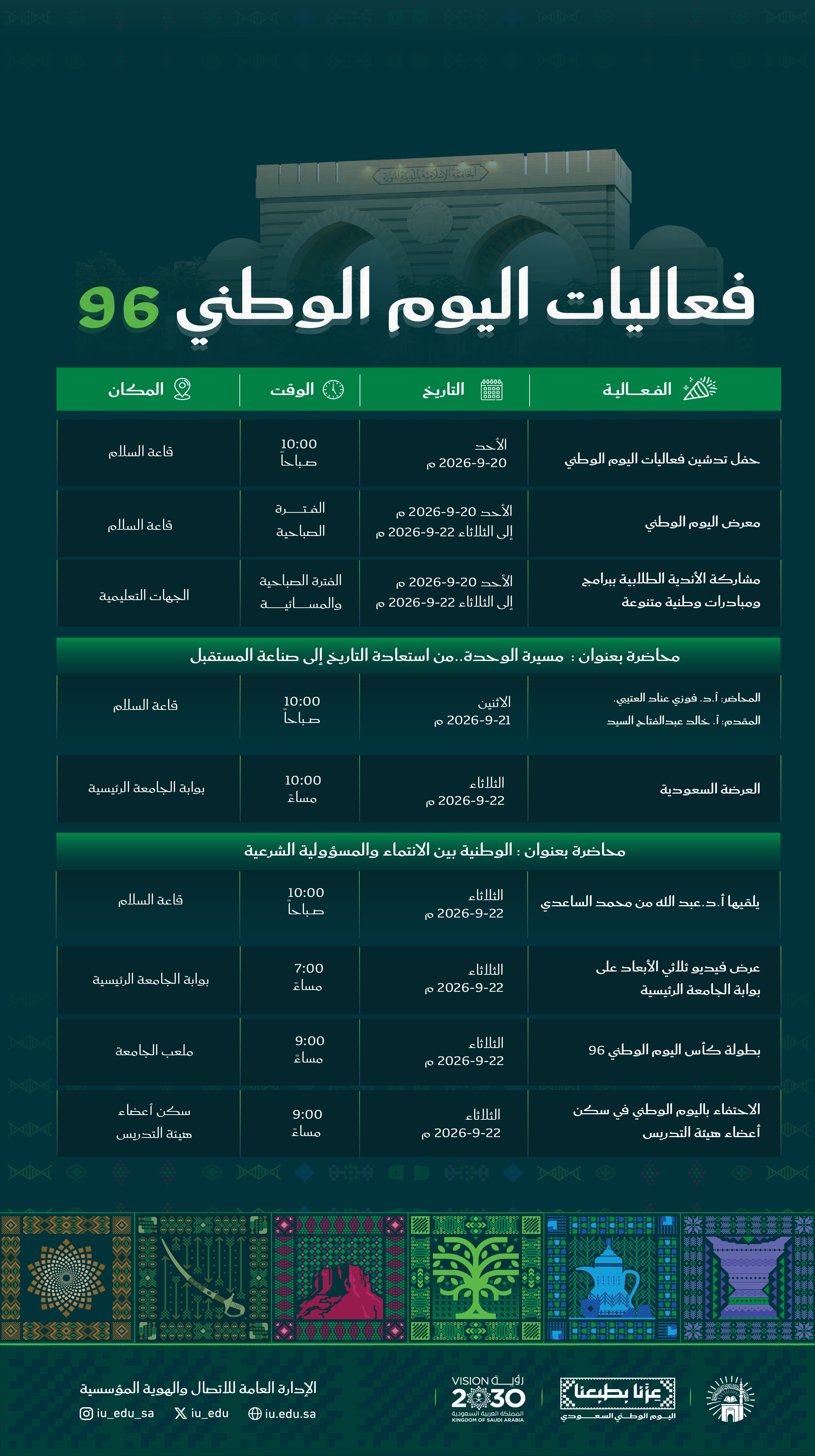 الفعاليات والأنشطة التي تقيمها الجامعة الإسلامية احتفاءً باليوم الوطني السعودي96