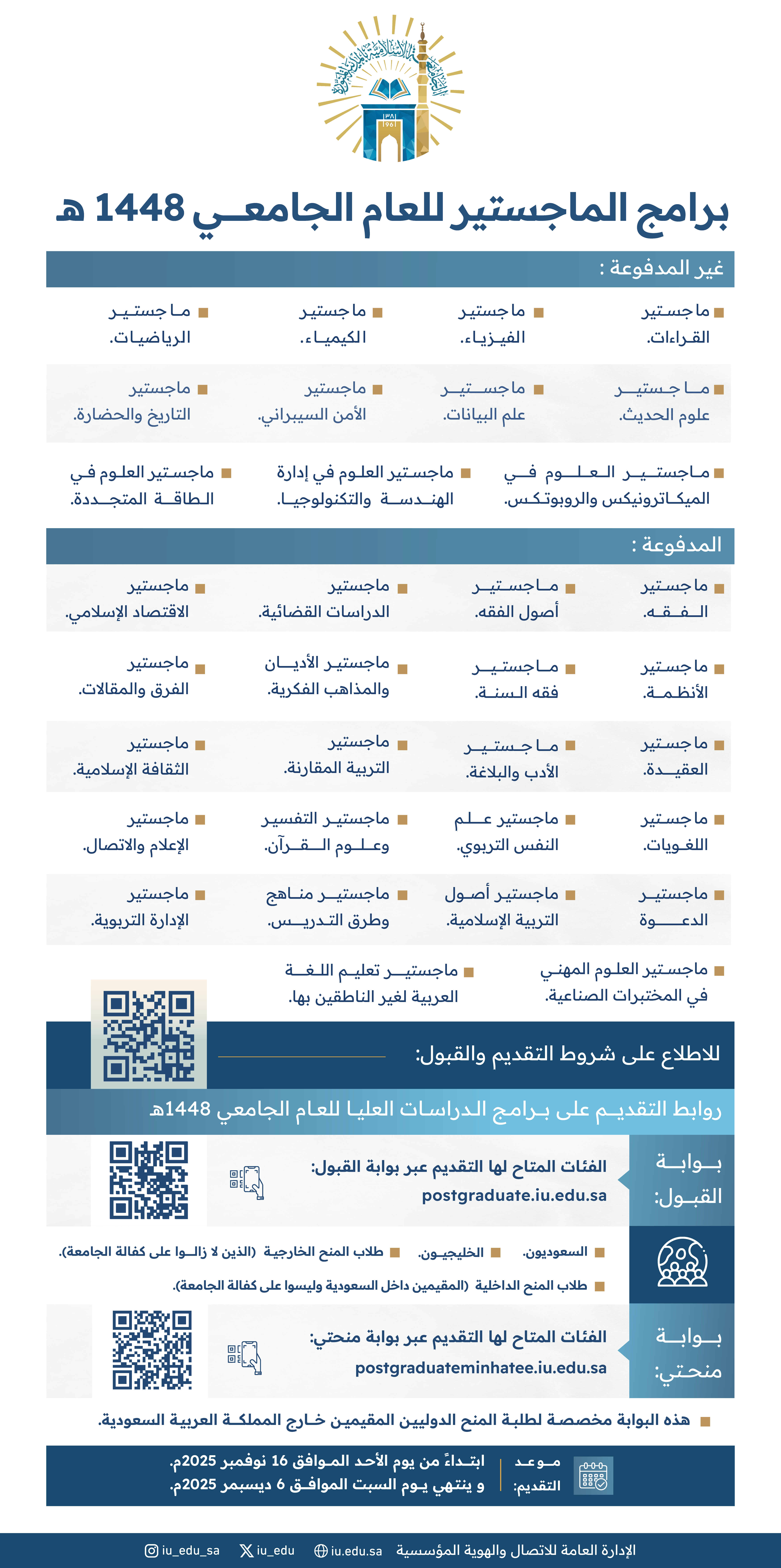 تعرّف على برامج الدراسات العليا (الماجستير) المدفوعة وغير المدفوعة للعام الجامعي 1448هـ في الجامعة الإسلامية