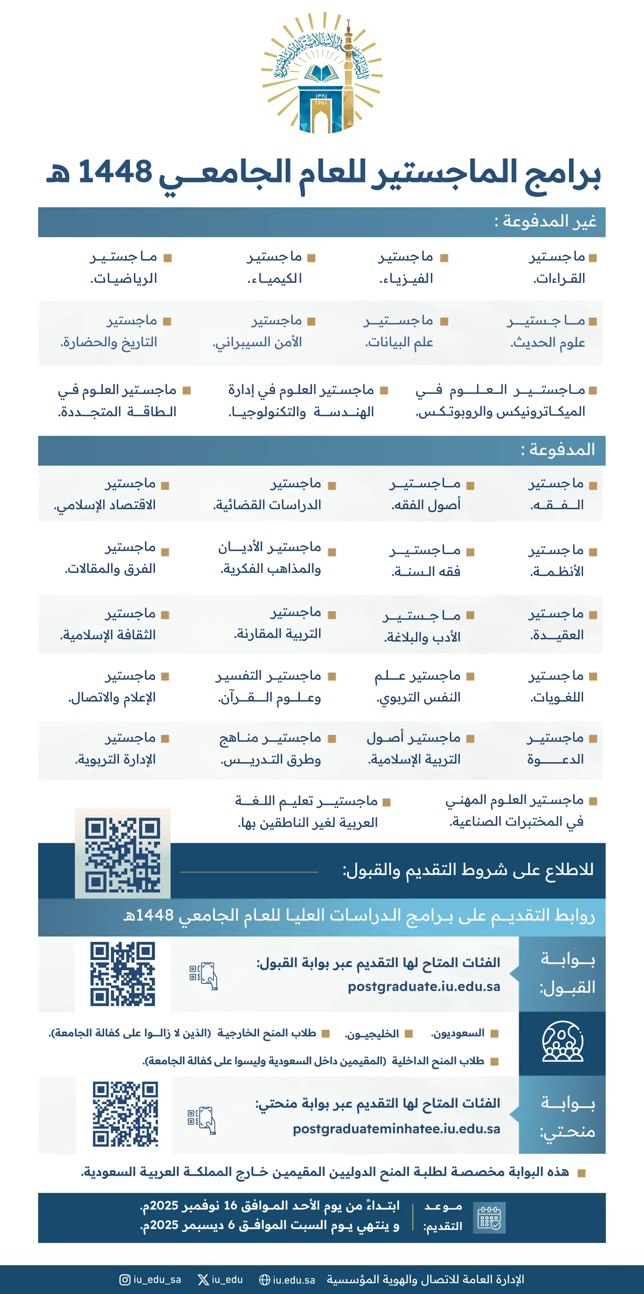 تعرّف على برامج الدراسات العليا (الماجستير) المدفوعة وغير المدفوعة للعام الجامعي 1448هـ في الجامعة الإسلامية