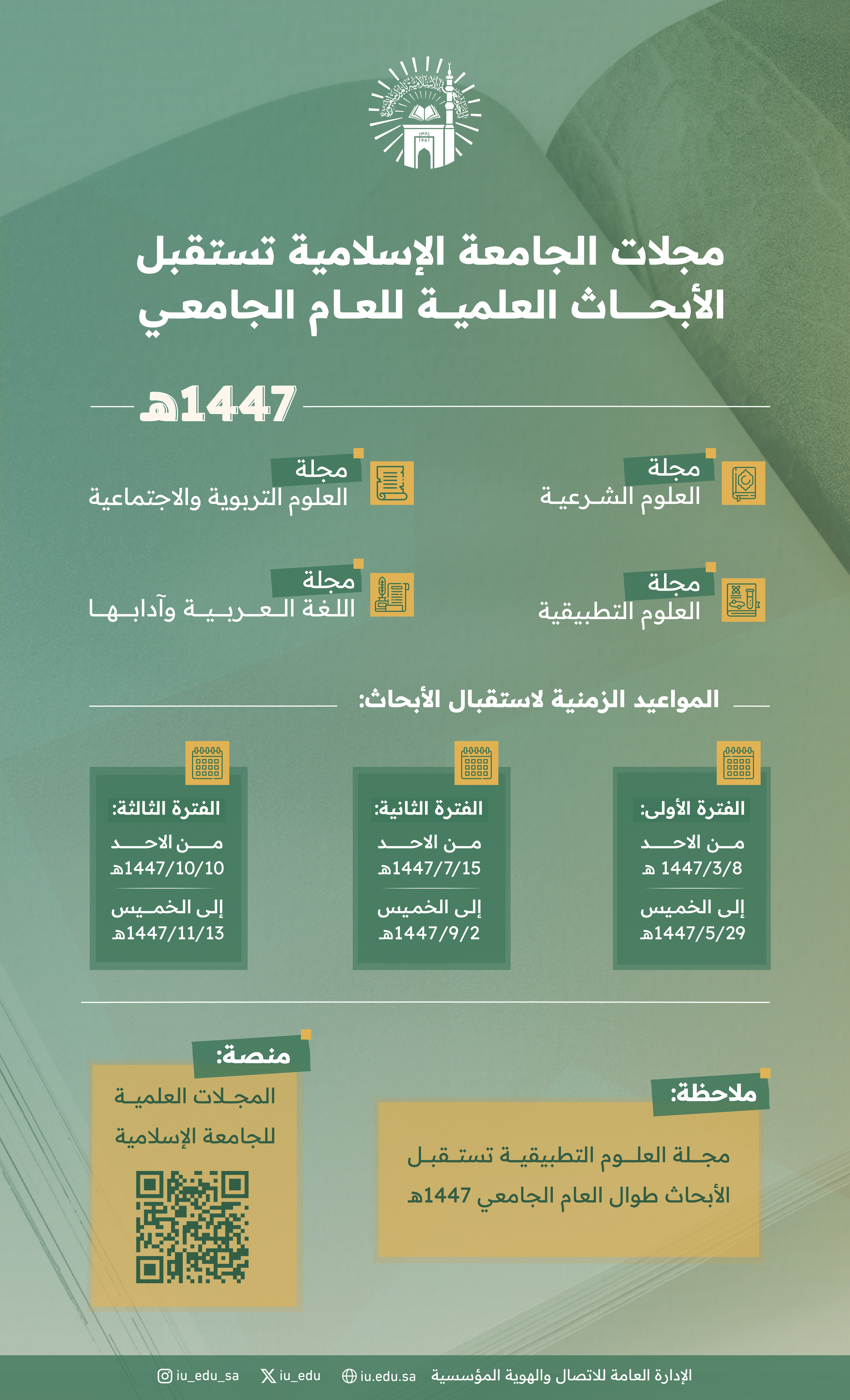 تعلن الجامعة الإسلامية ممثلةً بمركز مصادر المعرفة، عن استقبال الأبحاث العلمية في مجلاتها، وفق الجدول الزمني لعام 1447هـ.