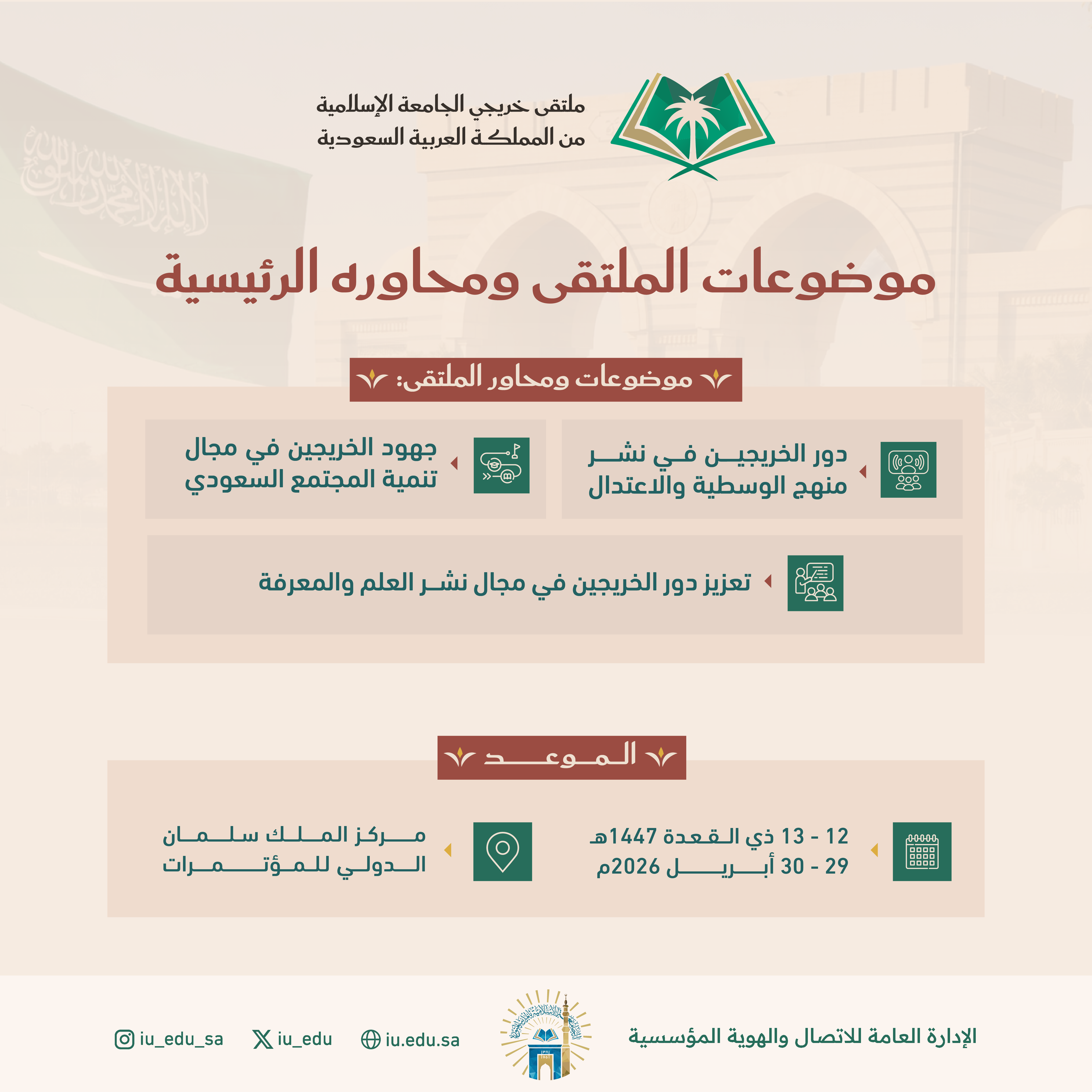 أبرز موضوعات ومحاور ملتقى خريجي الجامعة الإسلامية من المملكة العربية السعودية.