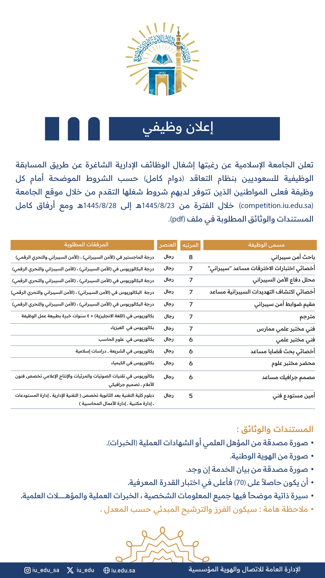 تعلن الجامعة الإسلامية عن رغبتها في إشغال الوظائف الإدارية الشاغرة للسعوديين بنظام التعاقد (دوام كامل)