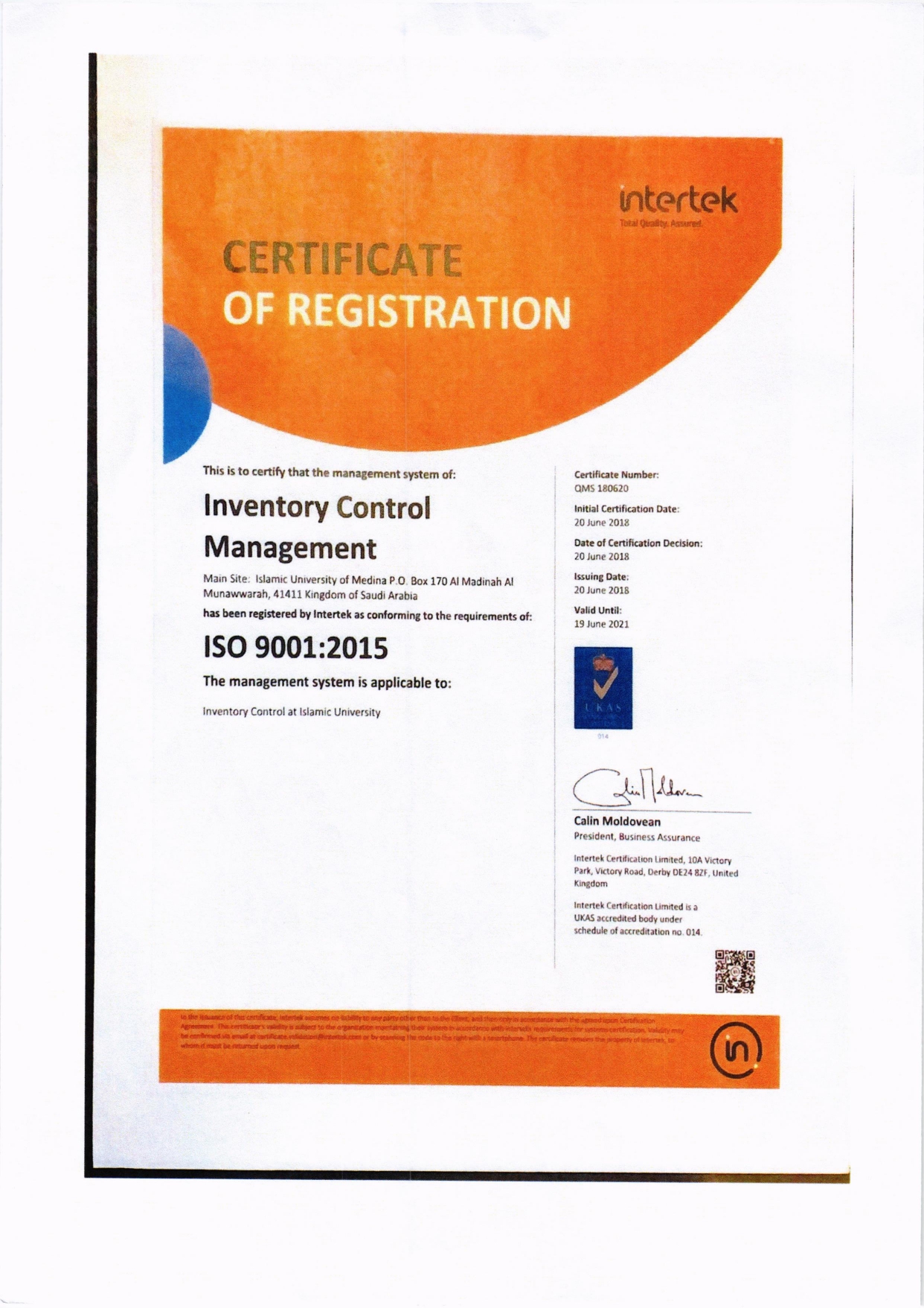 ISO certification attained by the Inventory Monitoring Department