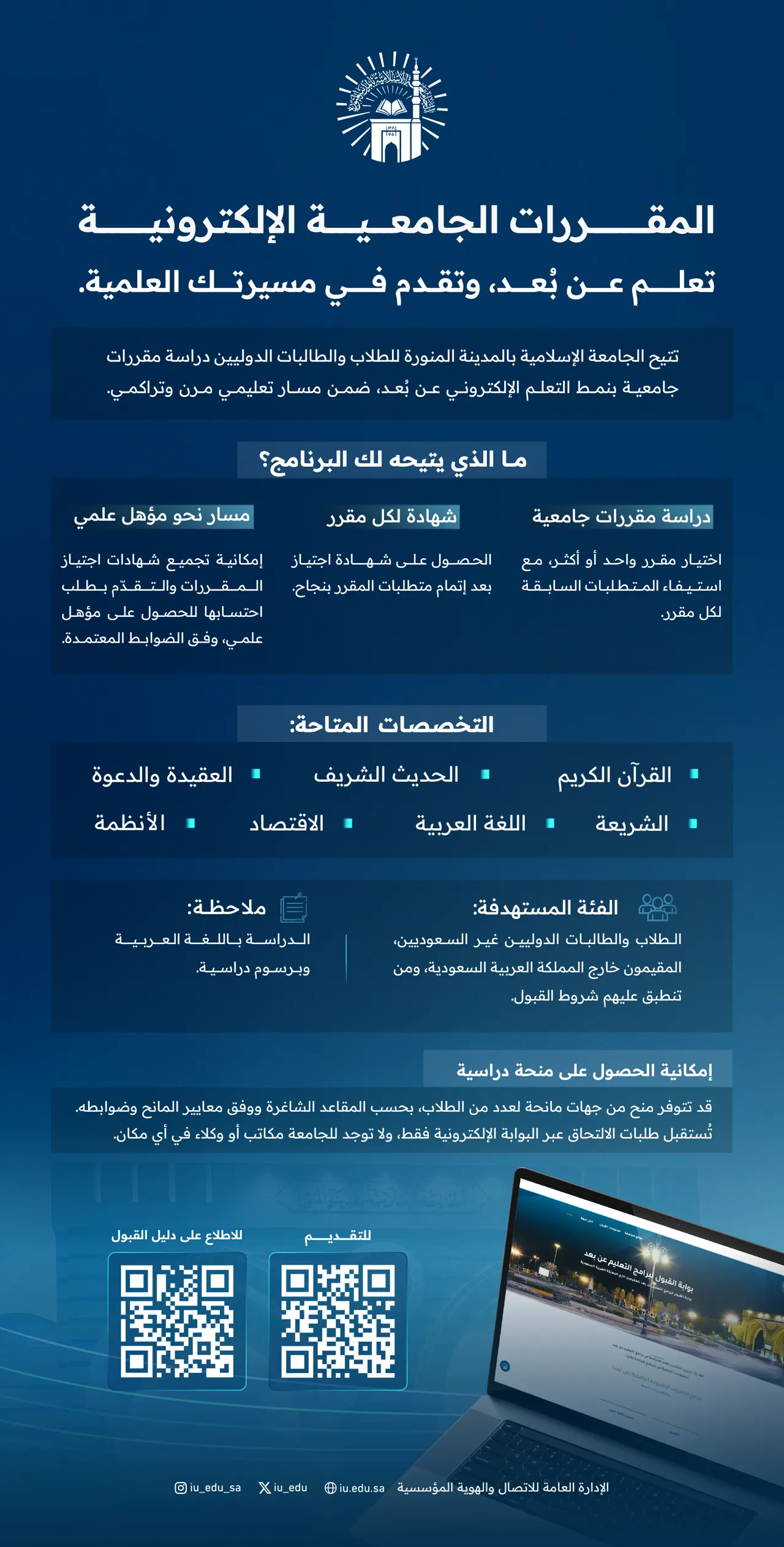 إعلان عن بدء استقبال طلبات الدراسة للطلاب والطالبات الدوليين غير المقيمين في المملكة العربية السعودية في المقررات الإلكترونية الجامعية (عن بُعد) للفصل الدراسي الثاني من العام ١٤٤٨هـ