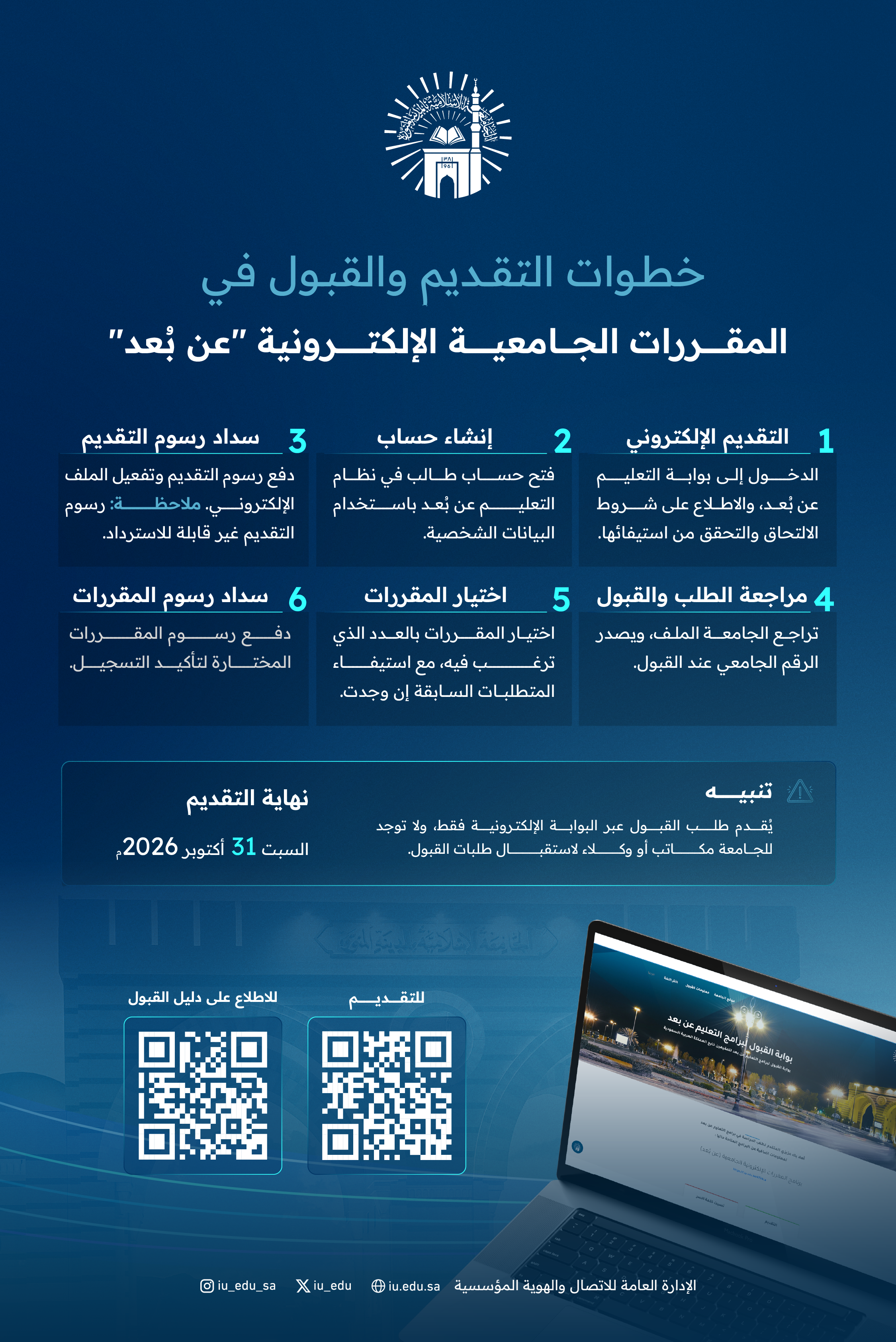 تعرّف على خطوات التقديم والقبول في المقررات الجامعية الإلكترونية عن بُعد في الجامعة الإسلامية
