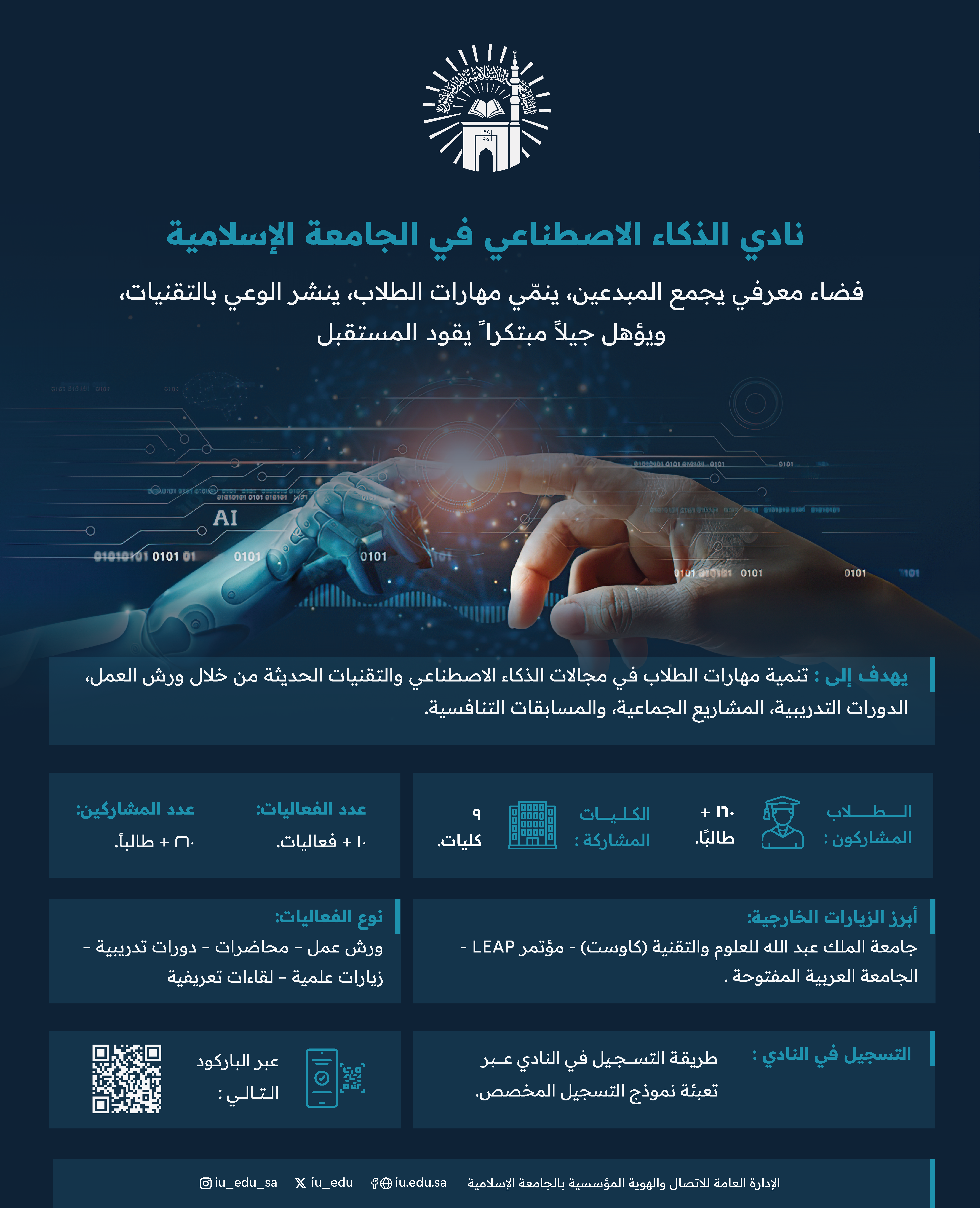 نادي الذكاء الاصطناعي بالجامعة الإسلامية فضاء معرفي يحتضن المبدعين، وينمّي مهارات الطلاب، ويعزز وعيهم بالتقنيات الحديثة؛ ليقودوا مستقبلًا واعدًا.